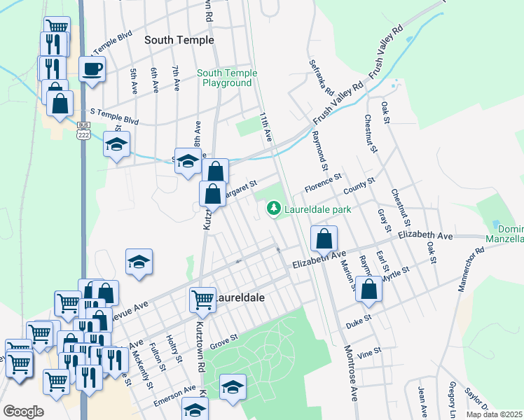 map of restaurants, bars, coffee shops, grocery stores, and more near 3606 Hawthorne Street in Reading