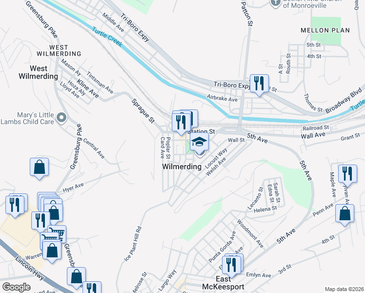 map of restaurants, bars, coffee shops, grocery stores, and more near 215 Caldwell Avenue in Wilmerding