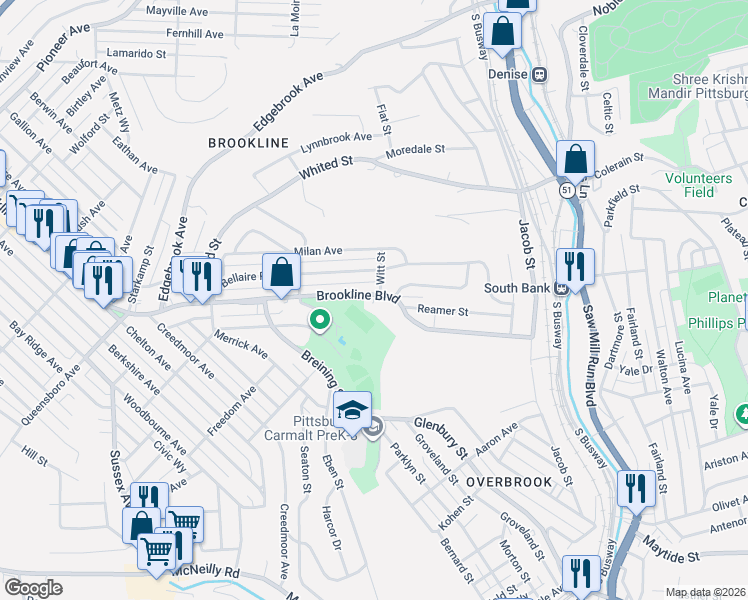 map of restaurants, bars, coffee shops, grocery stores, and more near 1500-1504 Brookline Boulevard in Pittsburgh
