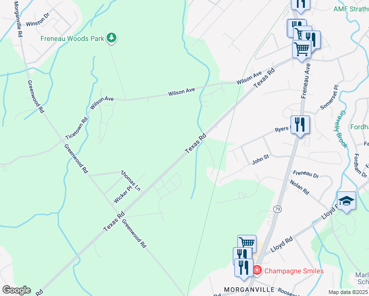map of restaurants, bars, coffee shops, grocery stores, and more near 116 Texas Road in Marlboro Township