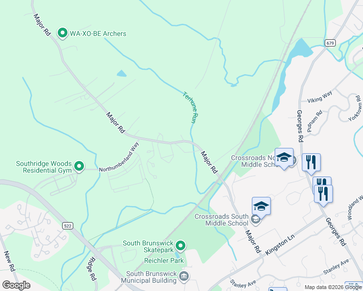 map of restaurants, bars, coffee shops, grocery stores, and more near 148 Major Road in South Brunswick Township