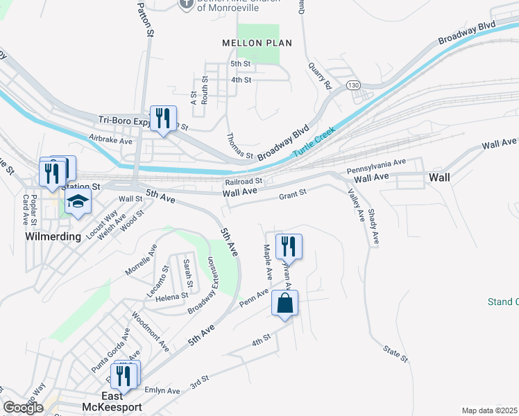 map of restaurants, bars, coffee shops, grocery stores, and more near 216 Grant Street in Wall