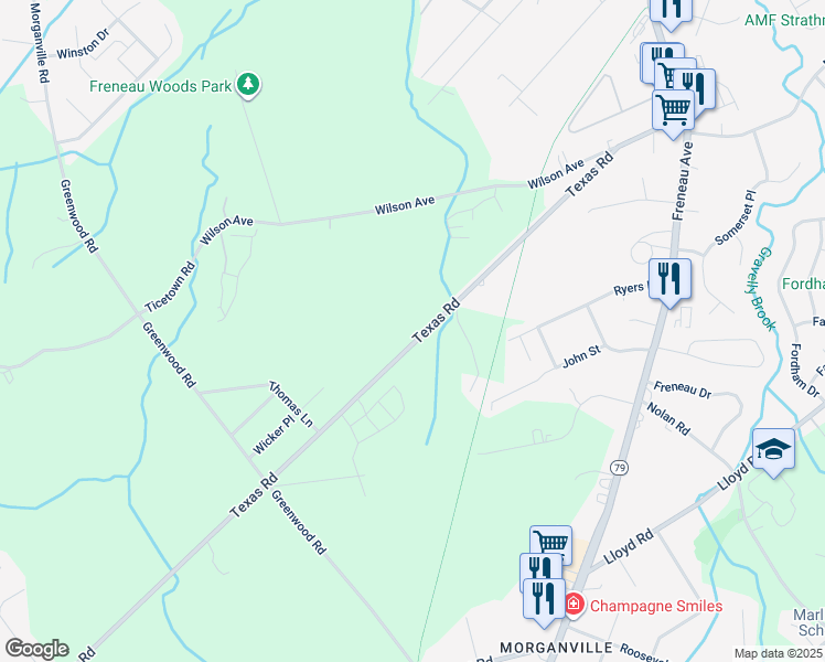 map of restaurants, bars, coffee shops, grocery stores, and more near 116 Texas Road in Marlboro
