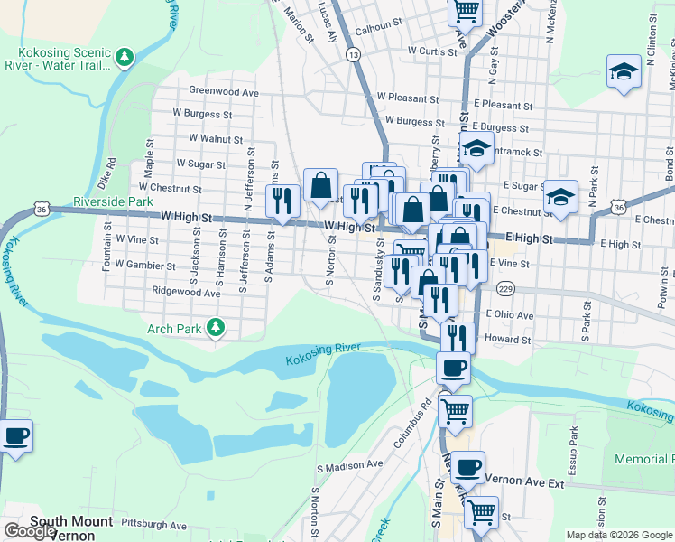 map of restaurants, bars, coffee shops, grocery stores, and more near 406 West Gambier Street in Mount Vernon