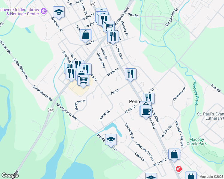 map of restaurants, bars, coffee shops, grocery stores, and more near 678 Daisy Lane in Pennsburg