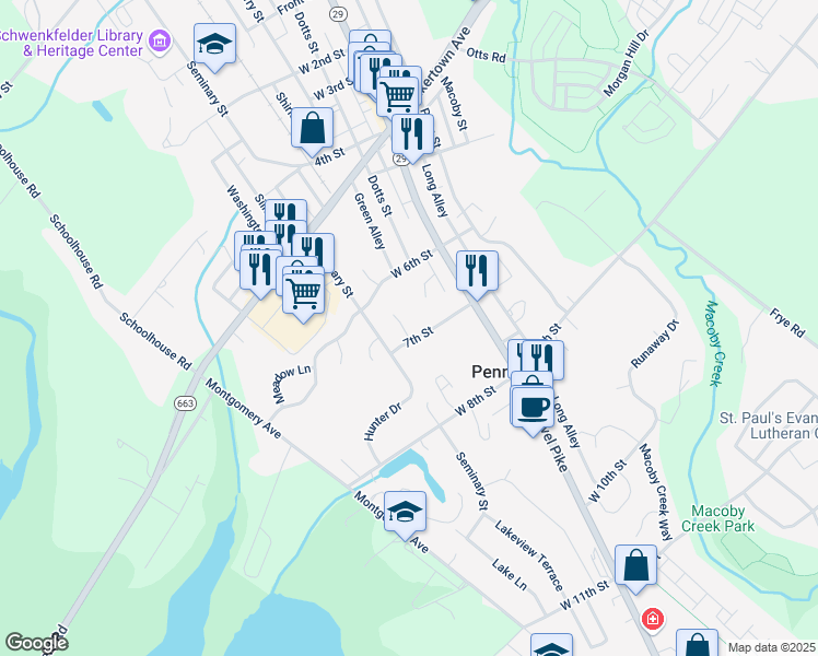 map of restaurants, bars, coffee shops, grocery stores, and more near 678 Daisy Lane in Pennsburg