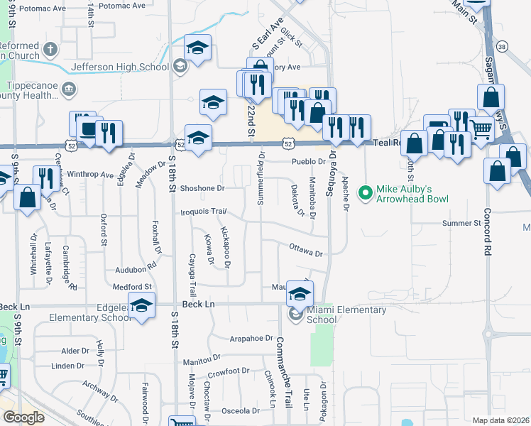 map of restaurants, bars, coffee shops, grocery stores, and more near 2317 Summerfield Drive in Lafayette