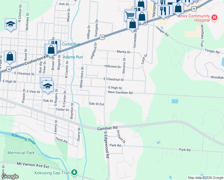 map of restaurants, bars, coffee shops, grocery stores, and more near 94 New Gambier Road in Mount Vernon