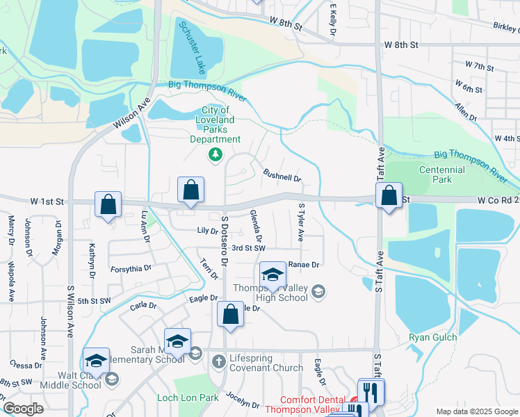 map of restaurants, bars, coffee shops, grocery stores, and more near 102 Glenda Drive in Loveland