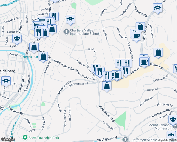 map of restaurants, bars, coffee shops, grocery stores, and more near 2220 Swallow Hill Road in Carnegie