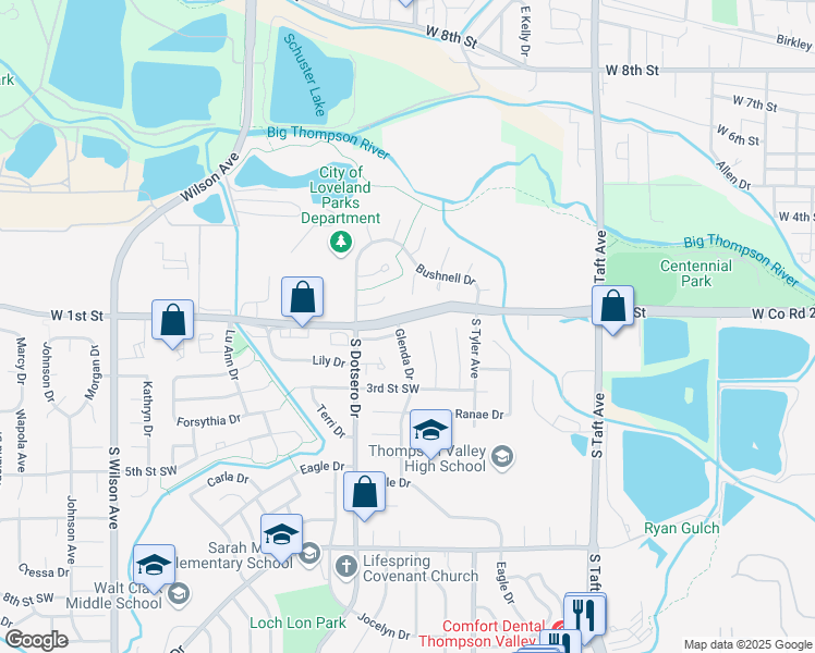 map of restaurants, bars, coffee shops, grocery stores, and more near 127 Glenda Drive in Loveland