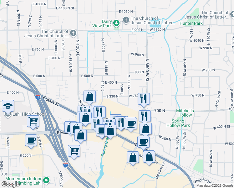 map of restaurants, bars, coffee shops, grocery stores, and more near 1524 East 330 North in Lehi