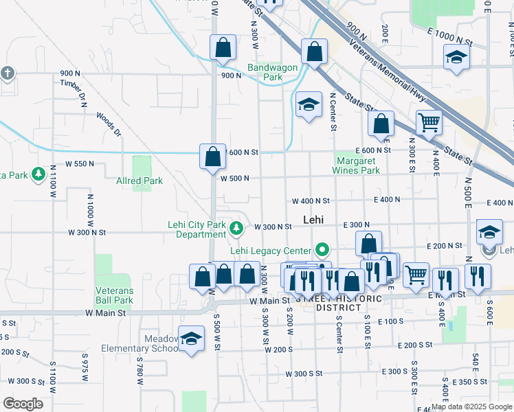 map of restaurants, bars, coffee shops, grocery stores, and more near 394 West 300 North in Lehi