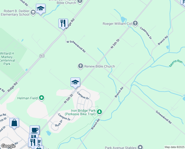 map of restaurants, bars, coffee shops, grocery stores, and more near 1619 North 5th Street in Perkasie