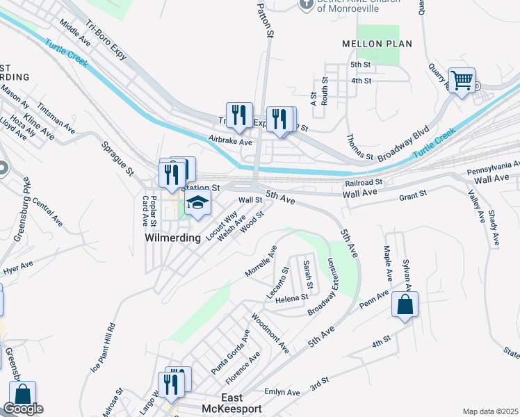 map of restaurants, bars, coffee shops, grocery stores, and more near 229 Wood Street in Wilmerding
