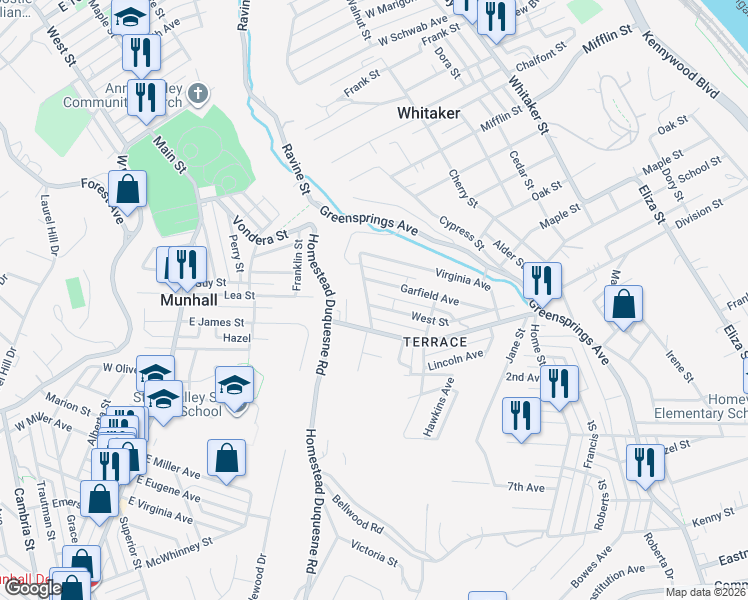 map of restaurants, bars, coffee shops, grocery stores, and more near 3119 West Street in West Mifflin