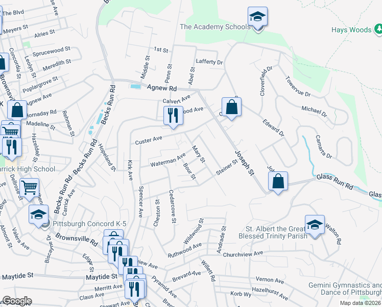map of restaurants, bars, coffee shops, grocery stores, and more near 2814 Waterman Avenue in Pittsburgh