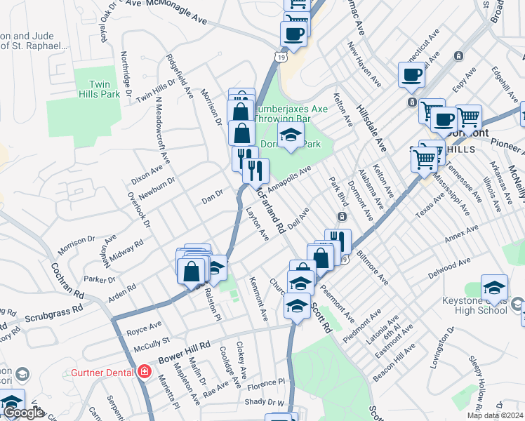 map of restaurants, bars, coffee shops, grocery stores, and more near 443 Layton Avenue in Pittsburgh