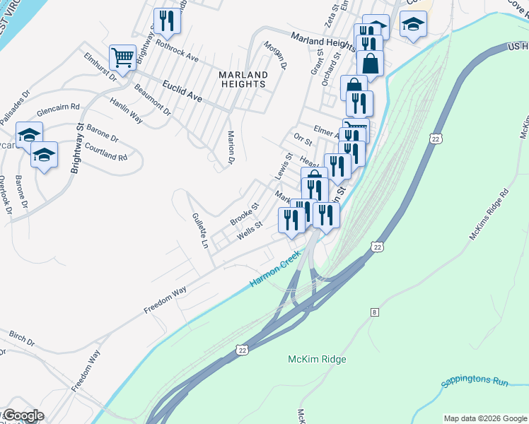 map of restaurants, bars, coffee shops, grocery stores, and more near 4215 Wells Street in Weirton