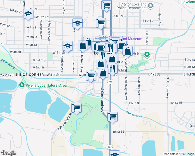 map of restaurants, bars, coffee shops, grocery stores, and more near 130 East 1st Street in Loveland