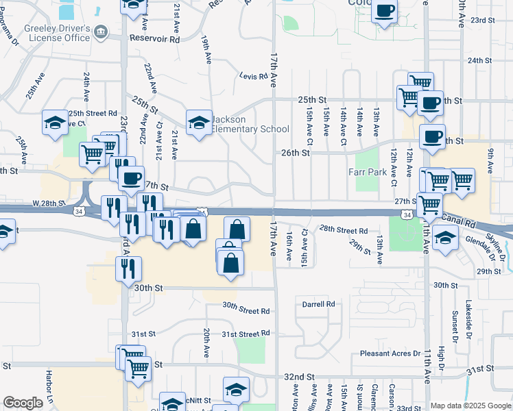 map of restaurants, bars, coffee shops, grocery stores, and more near 1713 28th Street in Greeley