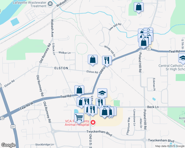 map of restaurants, bars, coffee shops, grocery stores, and more near 21 Elston Road in Lafayette