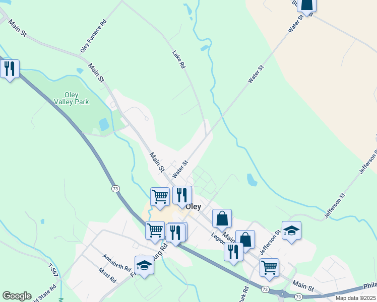 map of restaurants, bars, coffee shops, grocery stores, and more near 28 Water Street in Oley