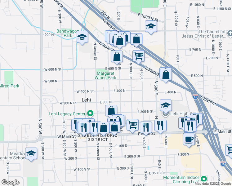 map of restaurants, bars, coffee shops, grocery stores, and more near 160 East 400 North in Lehi