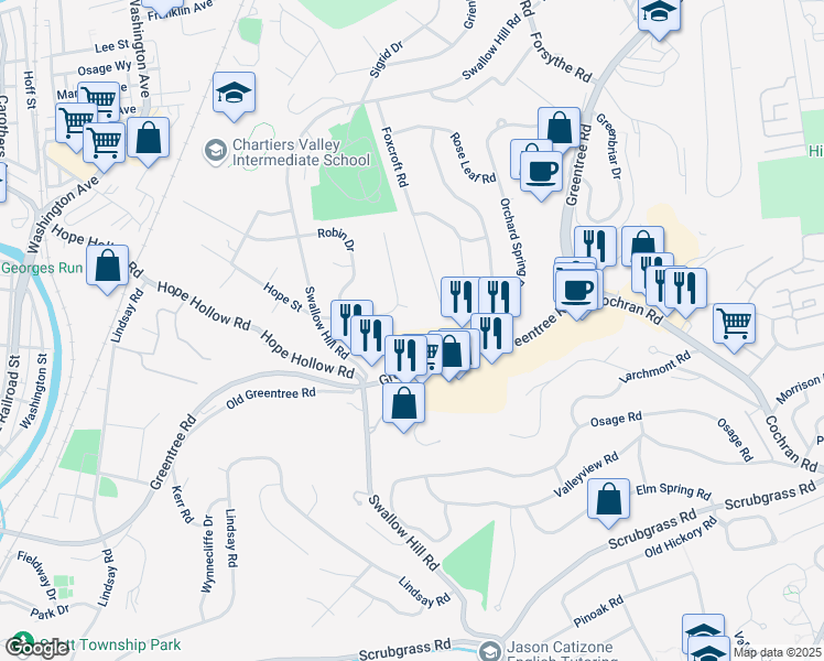 map of restaurants, bars, coffee shops, grocery stores, and more near 2610 Greentree Road in Carnegie