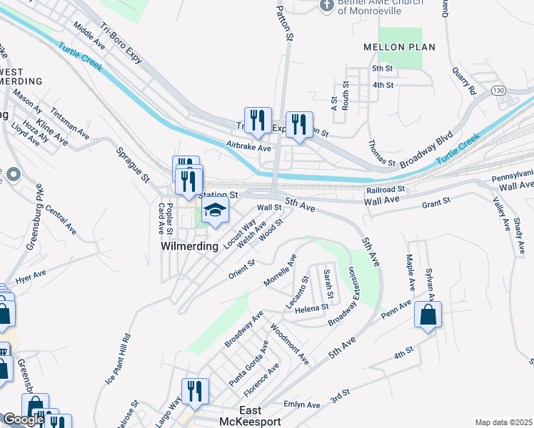 map of restaurants, bars, coffee shops, grocery stores, and more near 250 Welsh Avenue in Wilmerding
