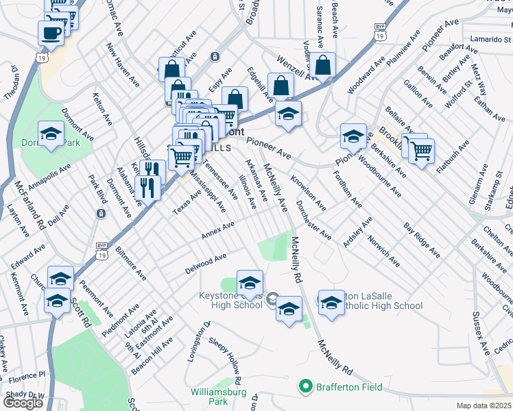 map of restaurants, bars, coffee shops, grocery stores, and more near 1216 Illinois Avenue in Pittsburgh