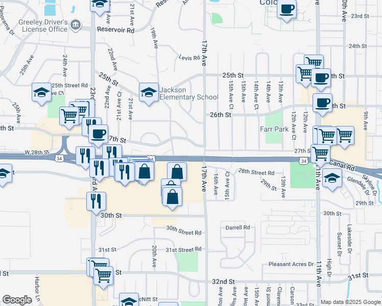 map of restaurants, bars, coffee shops, grocery stores, and more near 1713 28th Street in Greeley