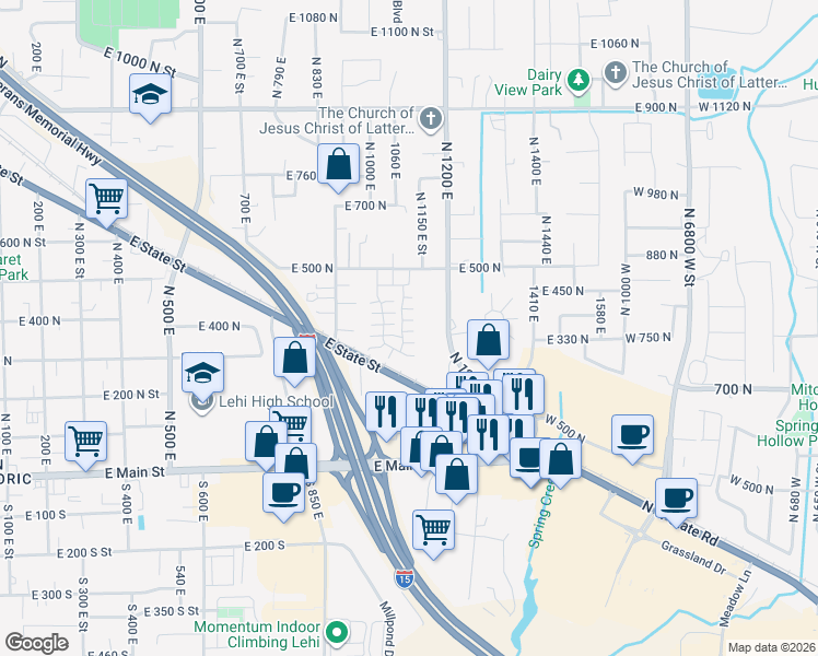 map of restaurants, bars, coffee shops, grocery stores, and more near 314 1110 East in Lehi