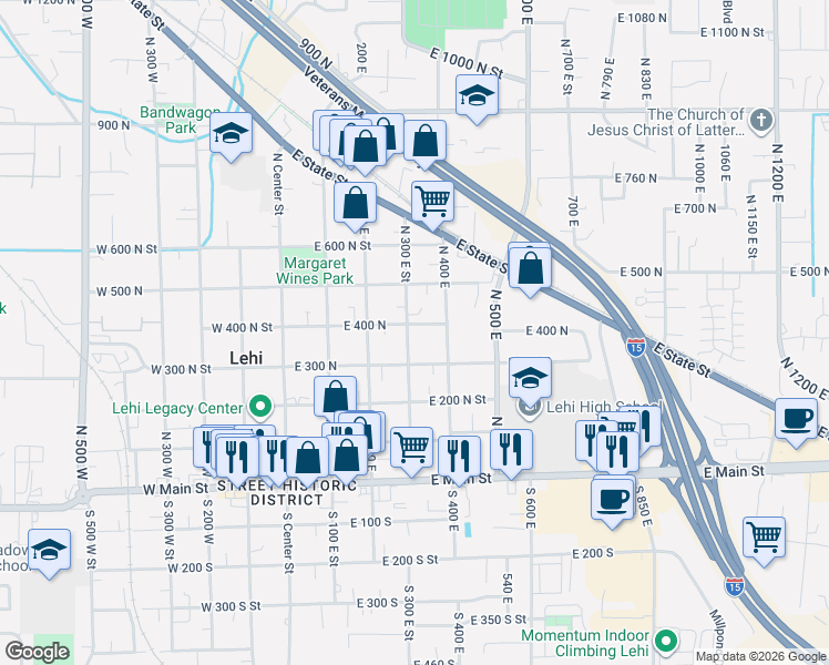 map of restaurants, bars, coffee shops, grocery stores, and more near 346 North 300 East Street in Lehi