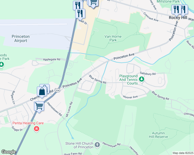 map of restaurants, bars, coffee shops, grocery stores, and more near 72 Scarlet Oak Drive in Princeton