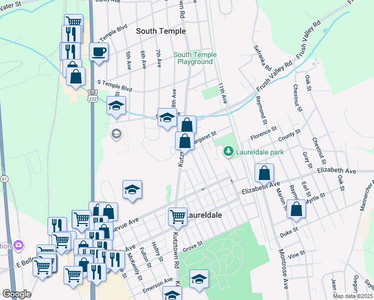 map of restaurants, bars, coffee shops, grocery stores, and more near 3625 Kutztown Road in Laureldale