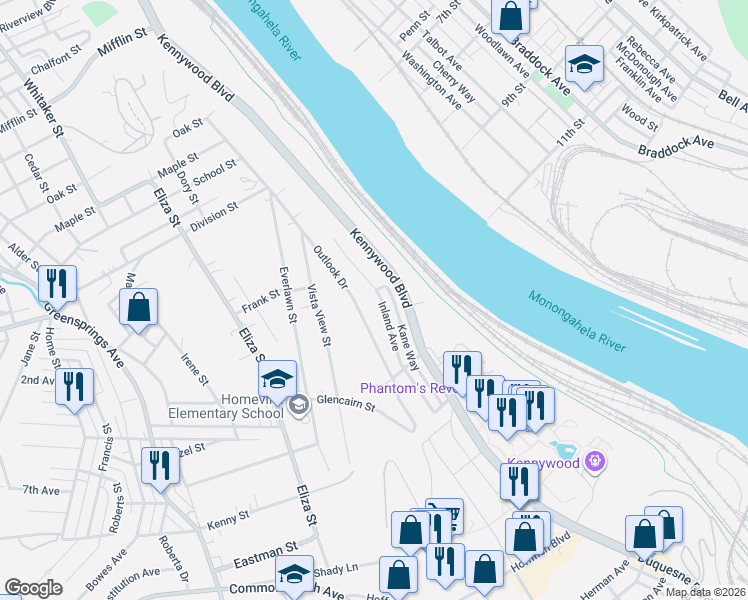 map of restaurants, bars, coffee shops, grocery stores, and more near 4012 Outlook Drive in West Mifflin