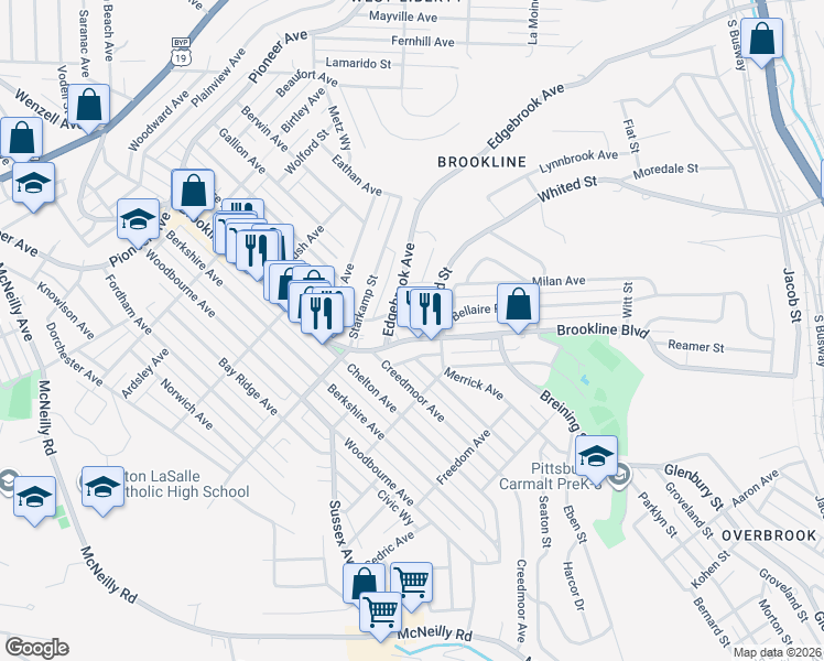 map of restaurants, bars, coffee shops, grocery stores, and more near 1132 Brookline Boulevard in Pittsburgh