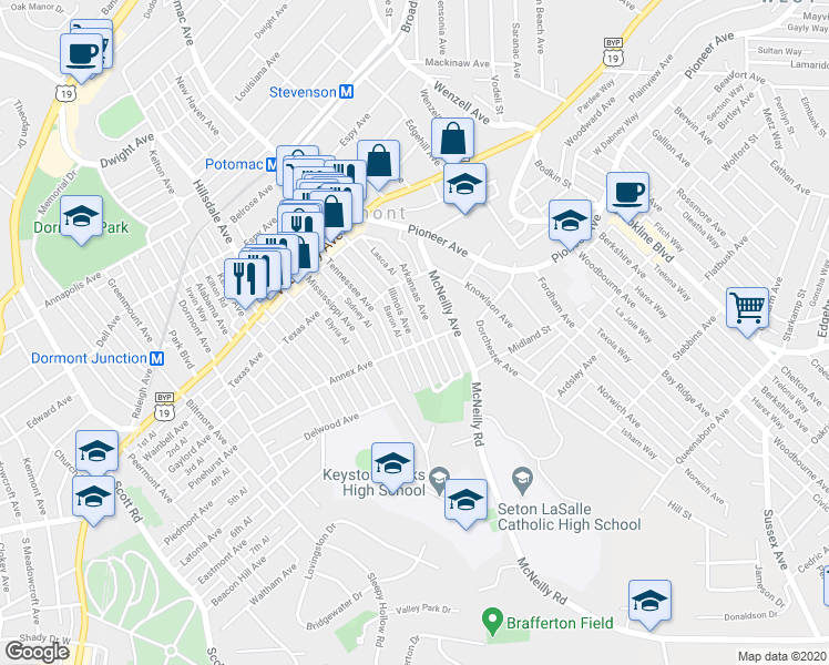 map of restaurants, bars, coffee shops, grocery stores, and more near 1201 Illinois Avenue in Pittsburgh