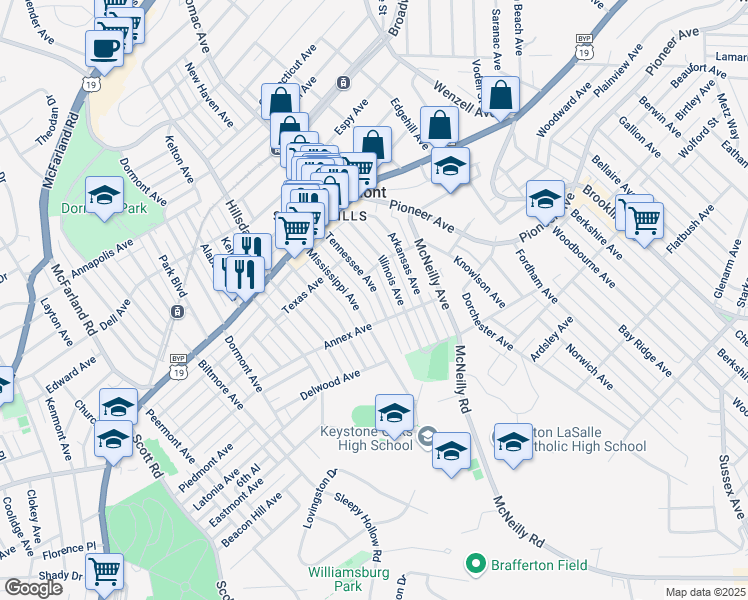 map of restaurants, bars, coffee shops, grocery stores, and more near 1220 Mississippi Avenue in Pittsburgh