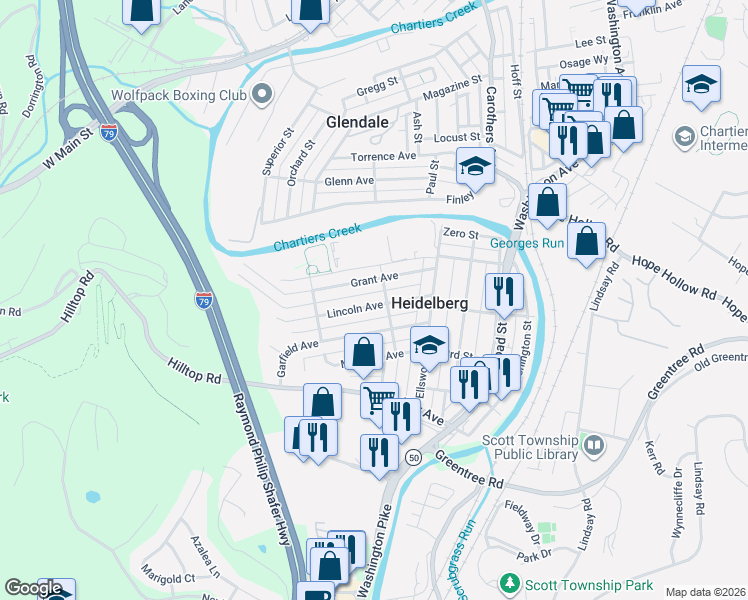 map of restaurants, bars, coffee shops, grocery stores, and more near 525 Lincoln Avenue in Heidelberg