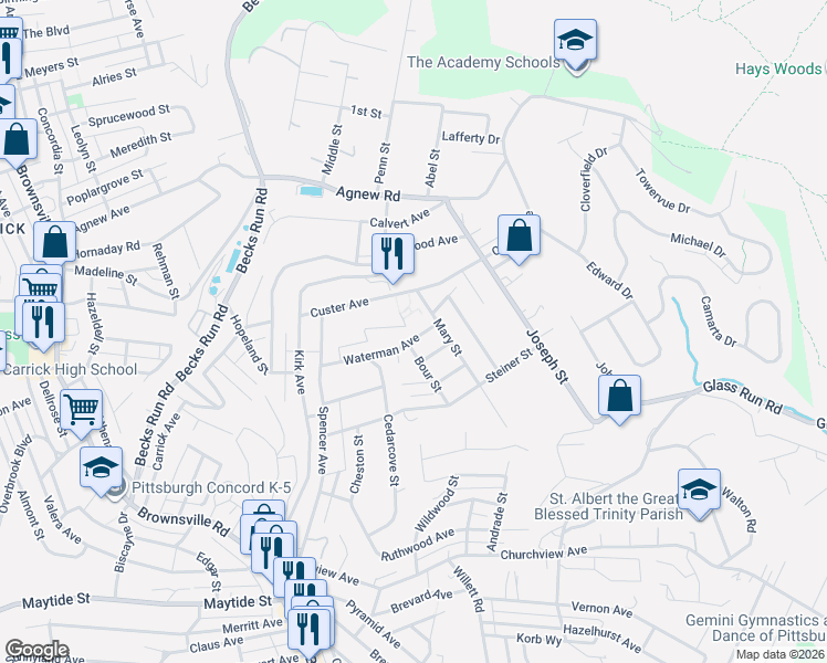 map of restaurants, bars, coffee shops, grocery stores, and more near 2814 Waterman Avenue in Pittsburgh