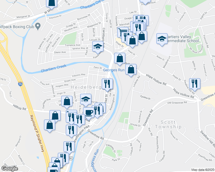 map of restaurants, bars, coffee shops, grocery stores, and more near 1639 East Railroad Street in Heidelberg