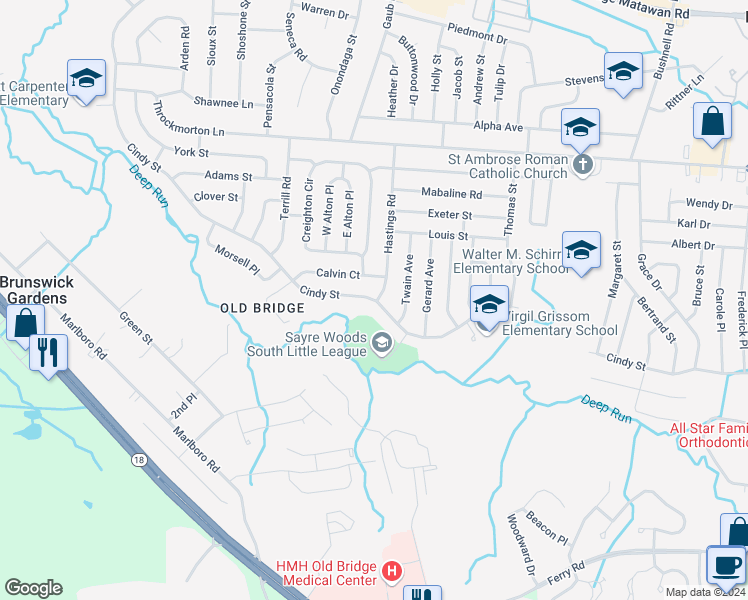 map of restaurants, bars, coffee shops, grocery stores, and more near 154 Cindy Street in Old Bridge Township