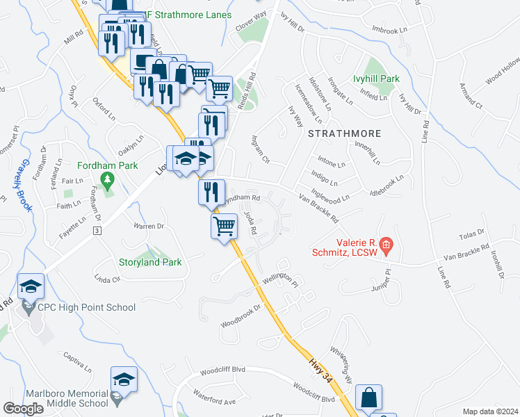 map of restaurants, bars, coffee shops, grocery stores, and more near 92 Deptford Court in Matawan