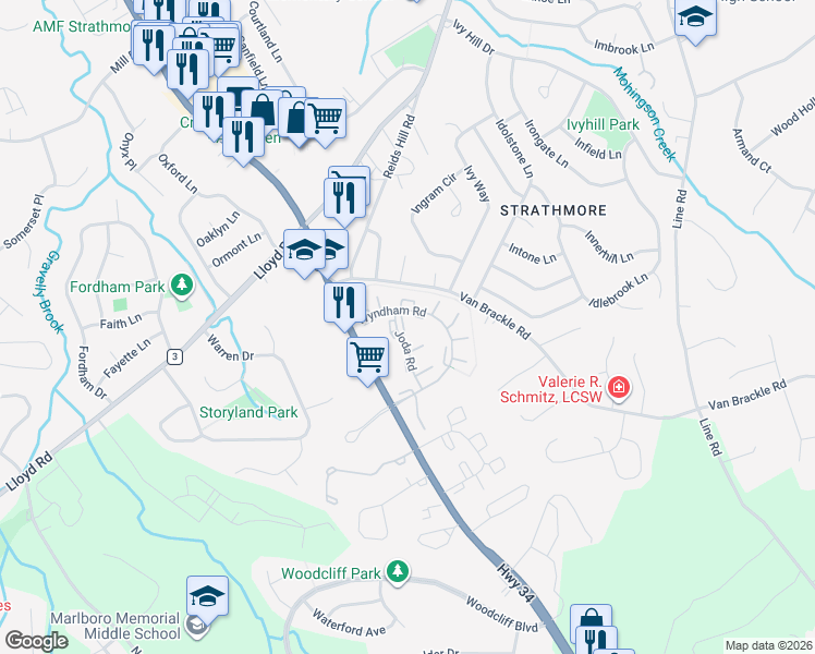 map of restaurants, bars, coffee shops, grocery stores, and more near 229 Perth Hill Court in Matawan