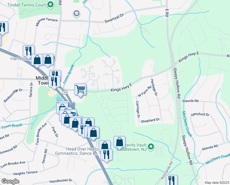 map of restaurants, bars, coffee shops, grocery stores, and more near 380 Kings Highway East in Middletown