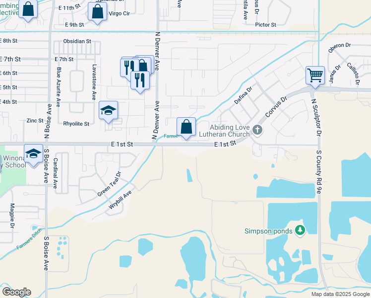 map of restaurants, bars, coffee shops, grocery stores, and more near 2366 East 1st Street in Loveland