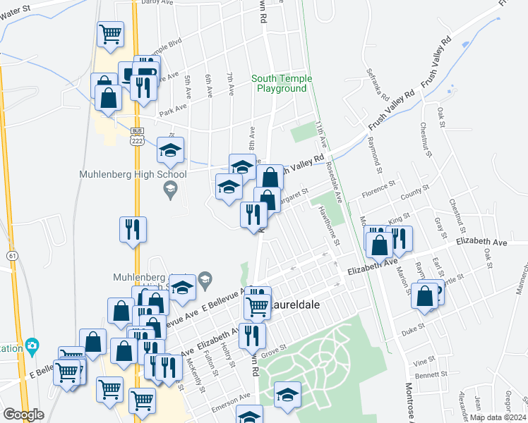 map of restaurants, bars, coffee shops, grocery stores, and more near 3633 Kutztown Road in Laureldale