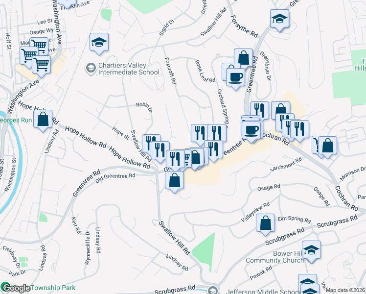 map of restaurants, bars, coffee shops, grocery stores, and more near in Scott Township